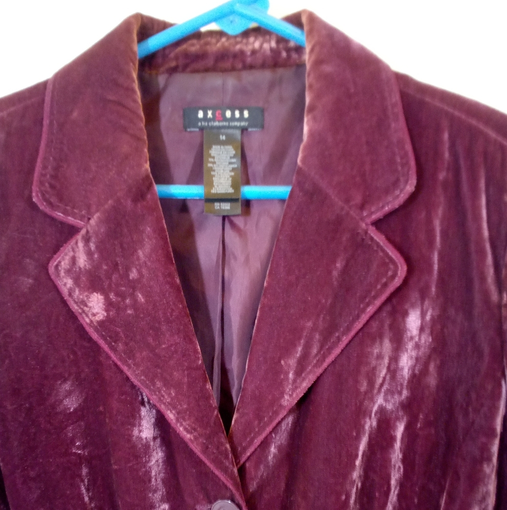 Velvet Button Down Plum Blazer Jacket By Axcess Size 14 Womens Fashion - Picture 2 of 4